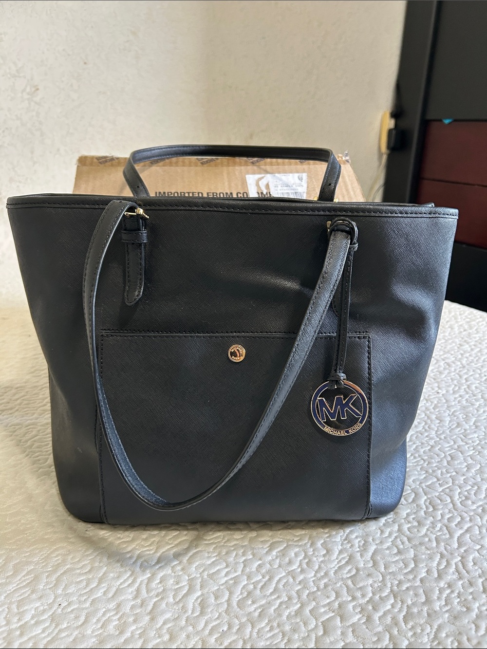 Michael Kors Black Saffiano Tote with MK Logo Charm